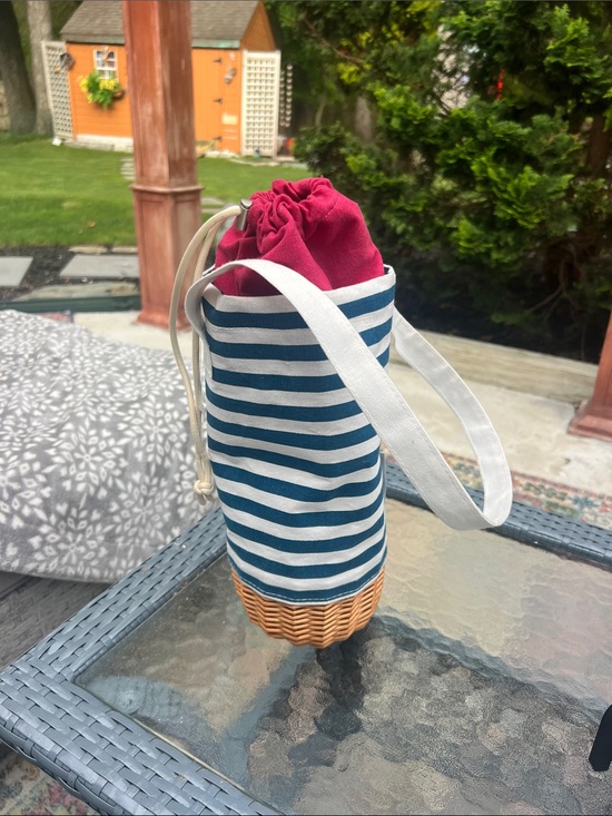 Picnic time￼ Handbags - Navy & White Striped Tote with Pink Drawstring